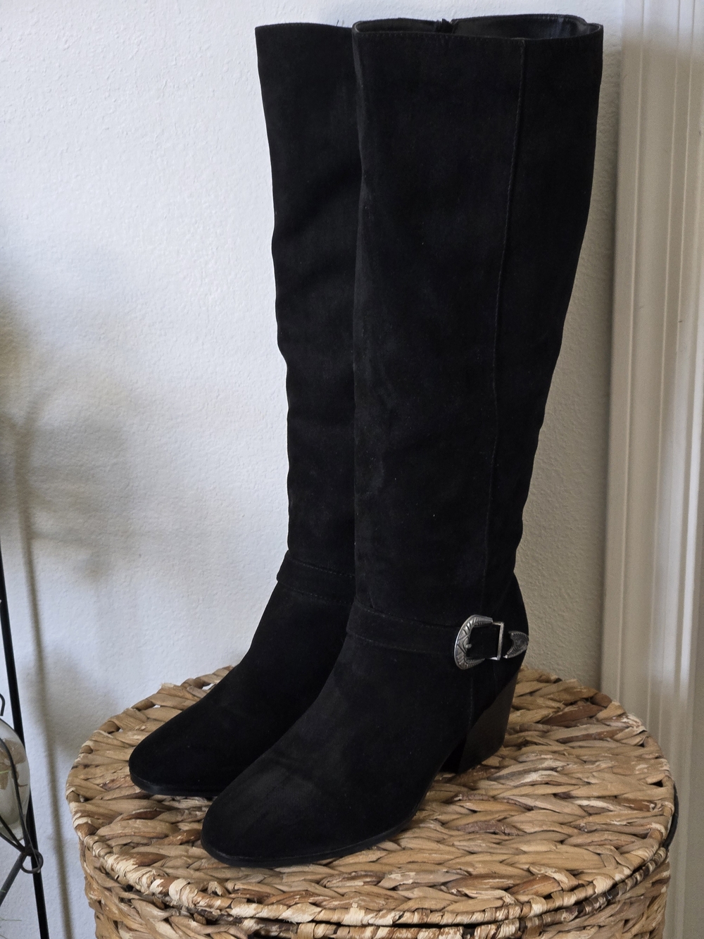 BAMBOO Black Suede Block Heel Knee High Boots with Silver Buckle